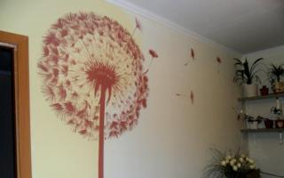 Original do-it-yourself wall painting How to paint a dandelion with paints and watercolors for children